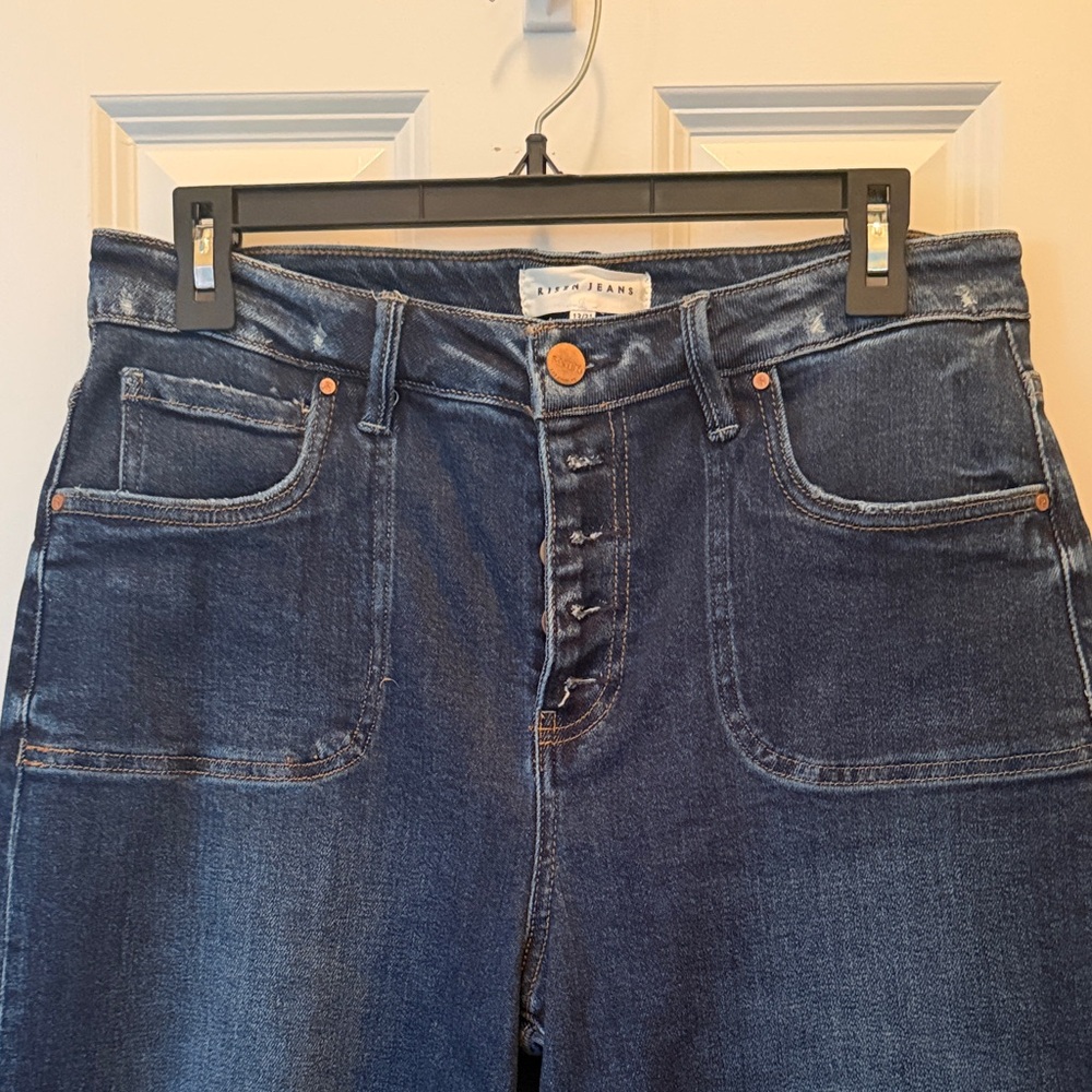 Risen High-Rise Button-Fly Crop Jeans in Dark Denim 13